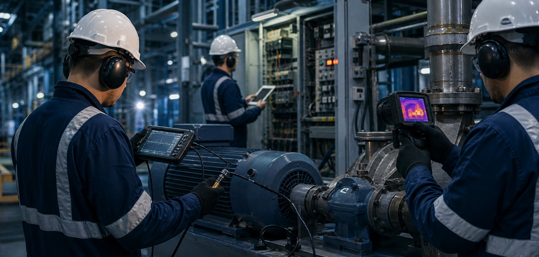 Equipe técnica em inspeção industrial com instrumentos de manutenção preditiva