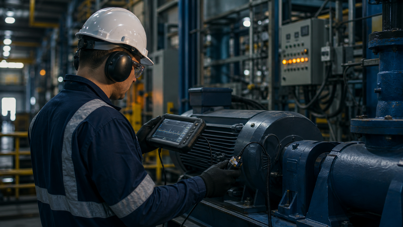 Profissional técnico realizando manutenção preditiva em ambiente industrial